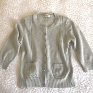 BR Petites Sweet Aqua Merino Wool Cardigan with Gemstone Buttons and Pockets